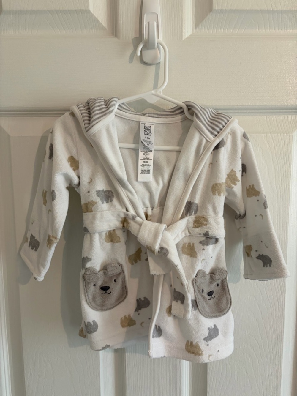 Carter’s Baby Hooded Bathrobe 0-9M Neutral Bear Print Plush Spa Robe